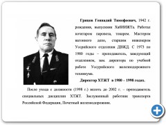 Грицов Геннадий Тимофеевич
директор (1980-1998 гг.)
преподаватель (1998-2002 гг.)
Заслуженный работник транспорта РСФСР Почетный железнодорожник